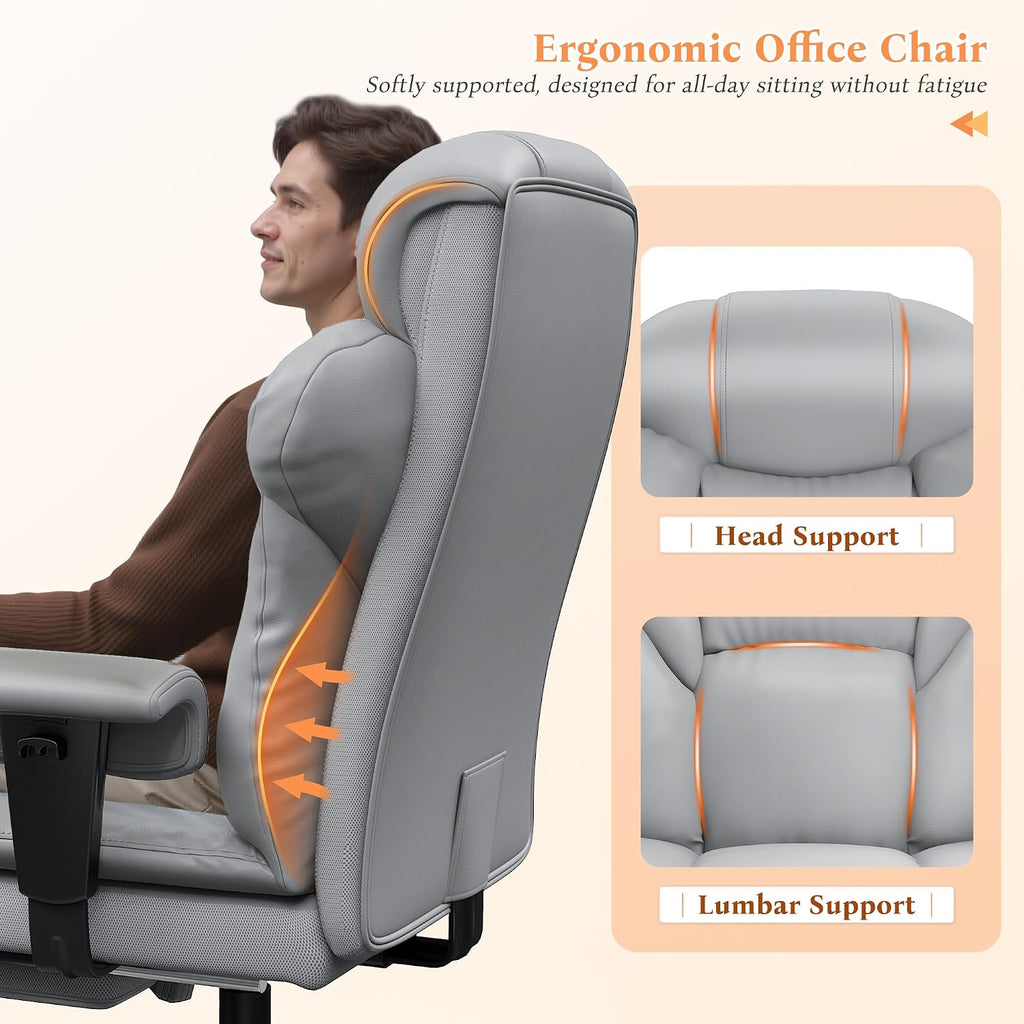 DurayLoly Office Chair with High Back,Big and Tall Executive Leather Office Chair with Foot Rest & Arms,Wide Reclining Desk Chair Ergonomic with Lumbar Support for Home Office,Grey