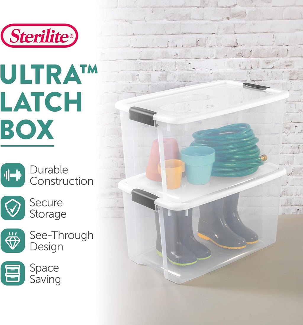 Sterilite 16-Pack Ultra Latching Box, Storage Bins with Lids, Clear Plastic, 70 Quart - Heavy-Duty Organizing Containers for Closet, Bathroom, and Office