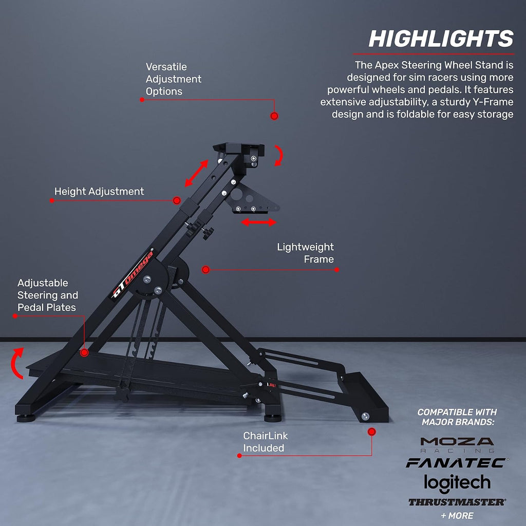 GT OMEGA Apex Racing Wheel Stand - Compatible with Logitech G29 and G920, Fanatec ClubSport, and Thrustmaster TX, T500, & T300, Foldable, Tilt-Adjustable for Racing Control