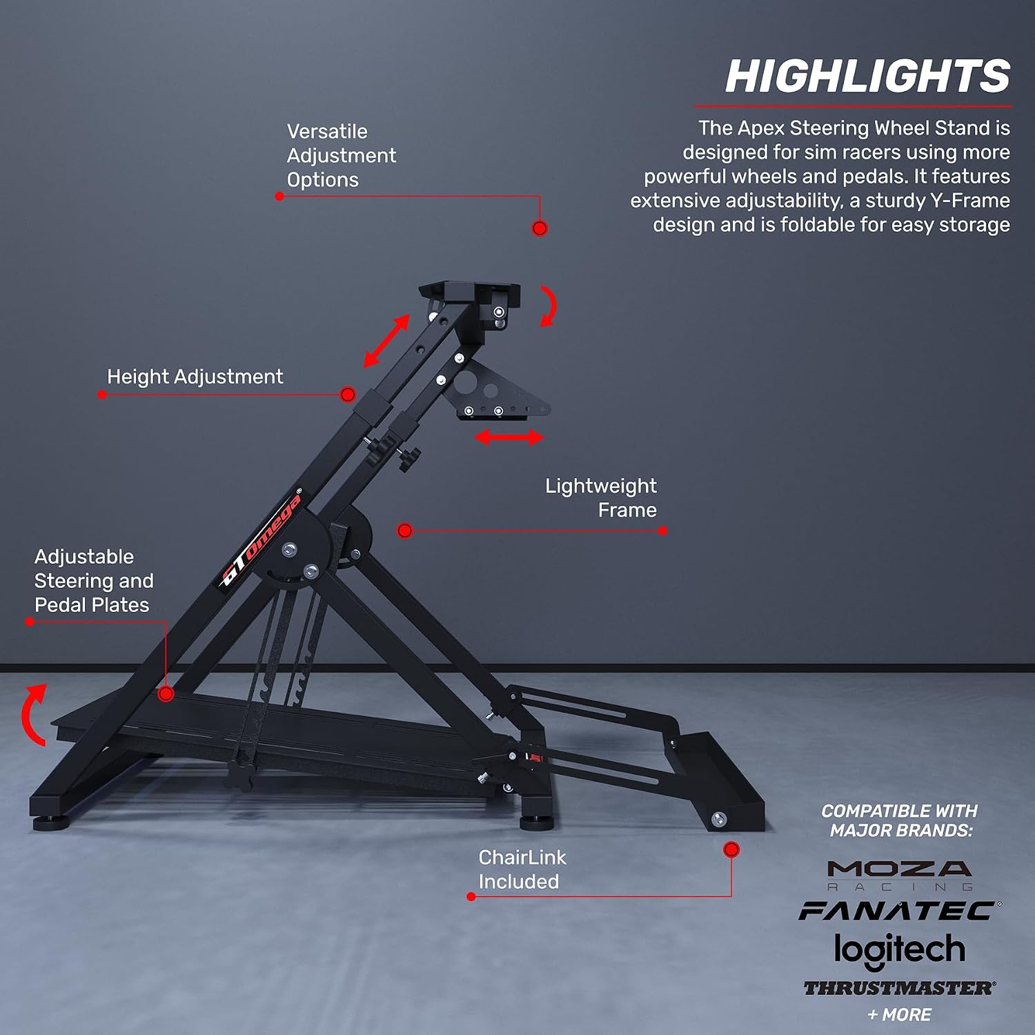 GT OMEGA Apex Racing Wheel Stand - Compatible with Logitech G29 and G920, Fanatec ClubSport, and Thrustmaster TX, T500, & T300, Foldable, Tilt-Adjustable for Racing Control