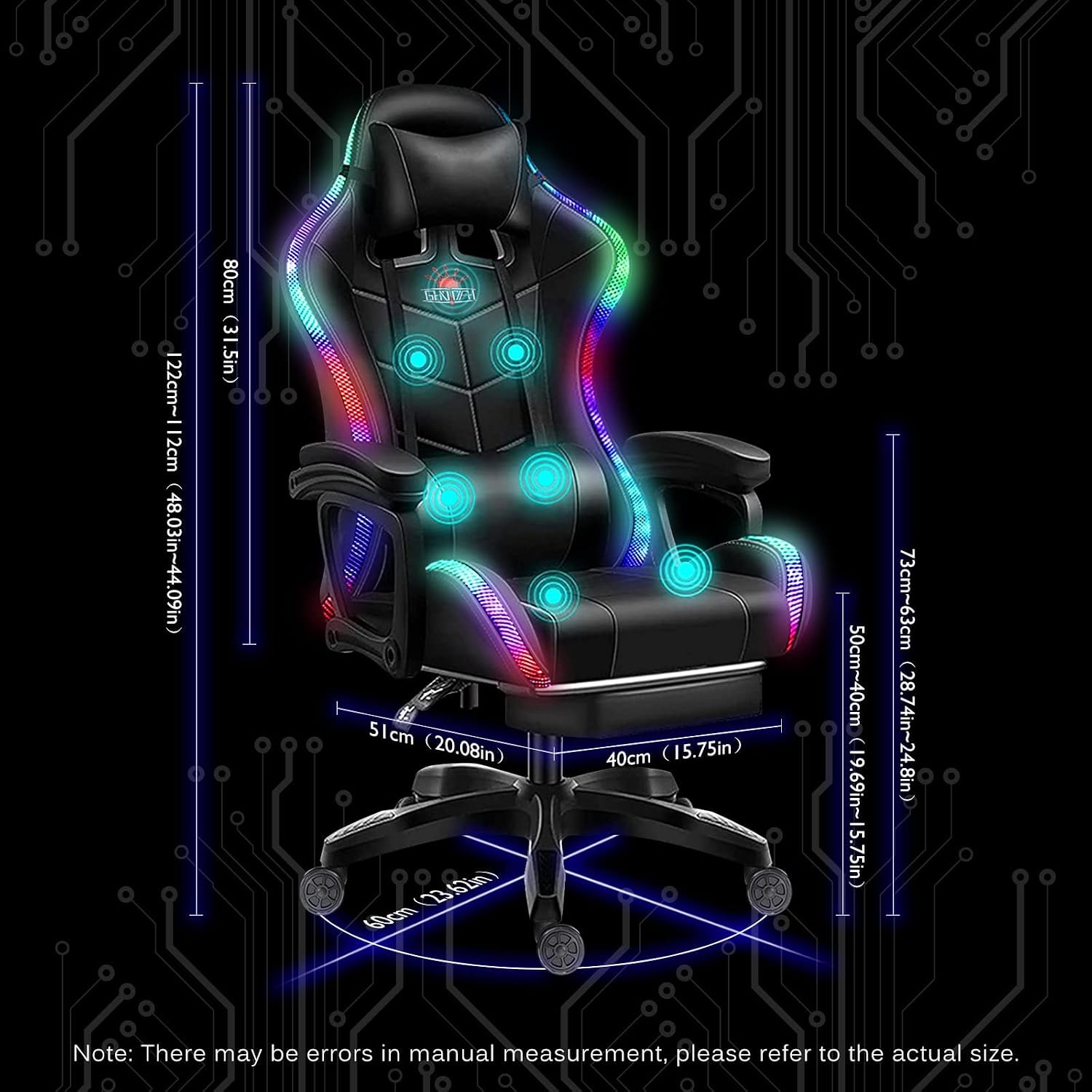 Gaming Chairs with Speakers, Gaming Chair with LED Light/Pro Full Massage Lumbar Support, High Back Office Chair-Gamer Chair with Footrest and Lumbar Support,Red