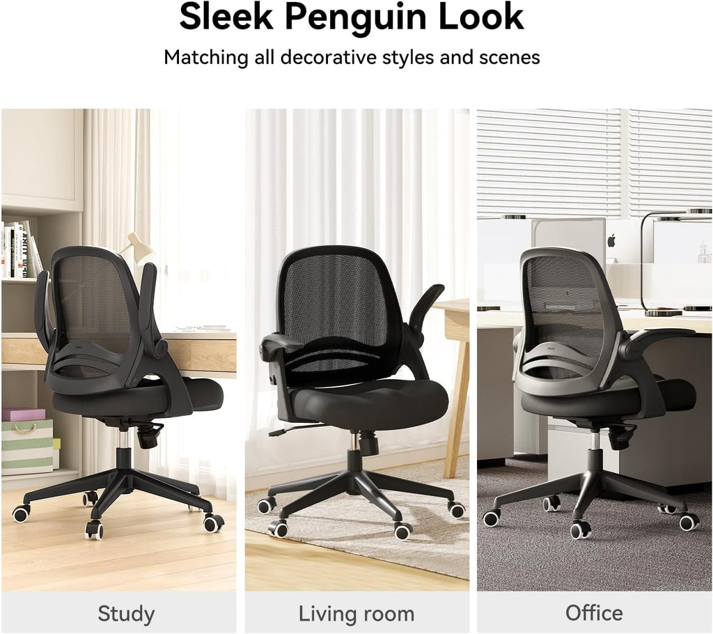 Hbada Office Desk Chair with Flip-Up Armrests and Saddle Cushion, Ergonomic Office Chair with S-Shaped Backrest, Swivel, Mesh, Black