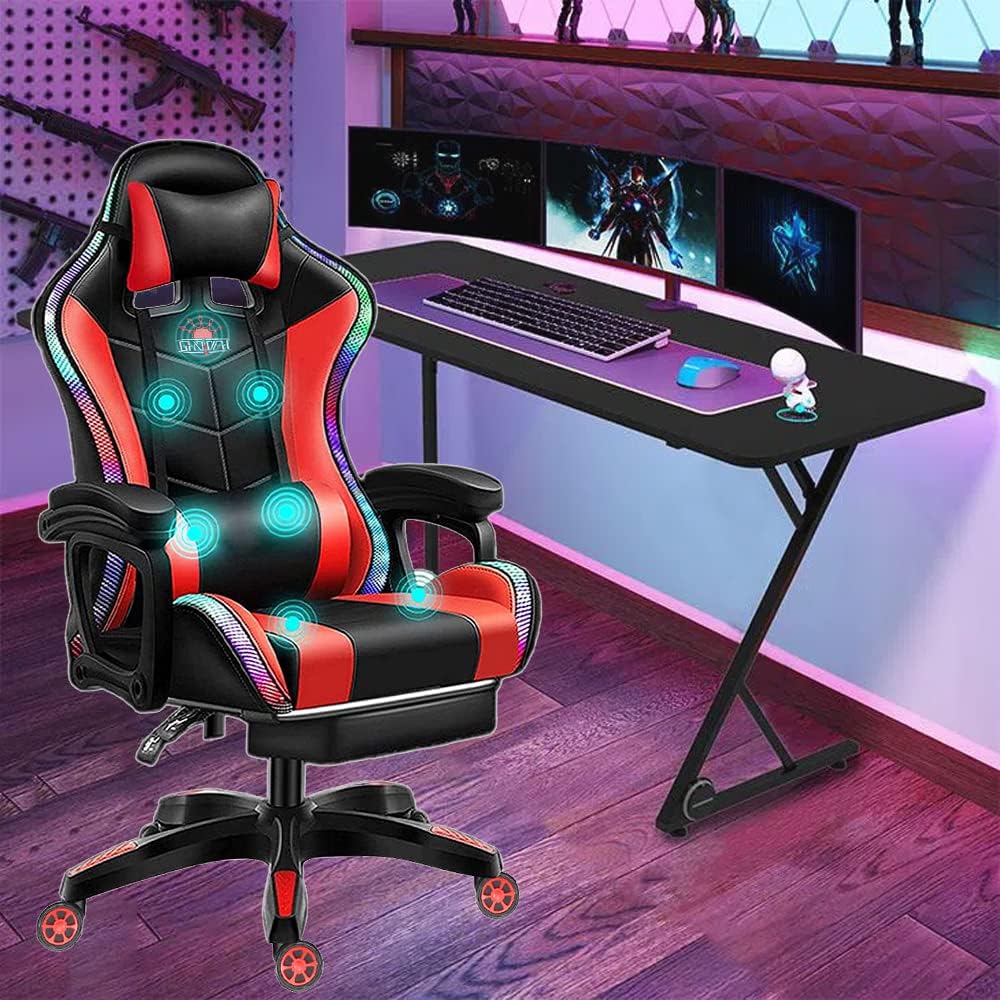 Ergonomic Racing Chair for Adults with LED Light High Back Gaming Chair with Massage and Speakers 360° Swivel Rocking Gamer Chair with Footrest for Office and College Dorm Essentials,Red