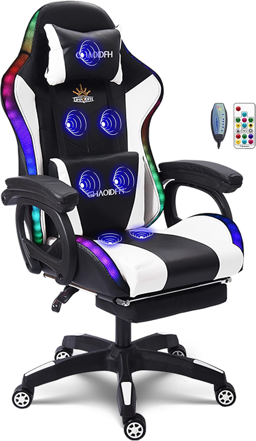 Ergonomic Gaming Chair with Massage and Speaker, Gaming Chair with Footrest Headrest and Lumbar Support, Racing Chair with RGB Lights, Gaming Chair for Kids,Gaming Chair for Adults.,White