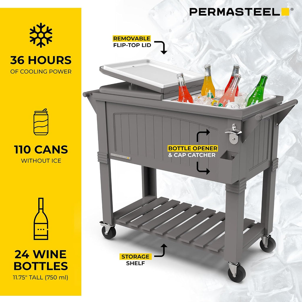 Permasteel Party Cooler with Divider, Spacious 80-Qt Capacity, Chills 36hrs, Serving Tray, Rolling Ice Chest for Indoor and Outdoor Entertainment, Matte Gray