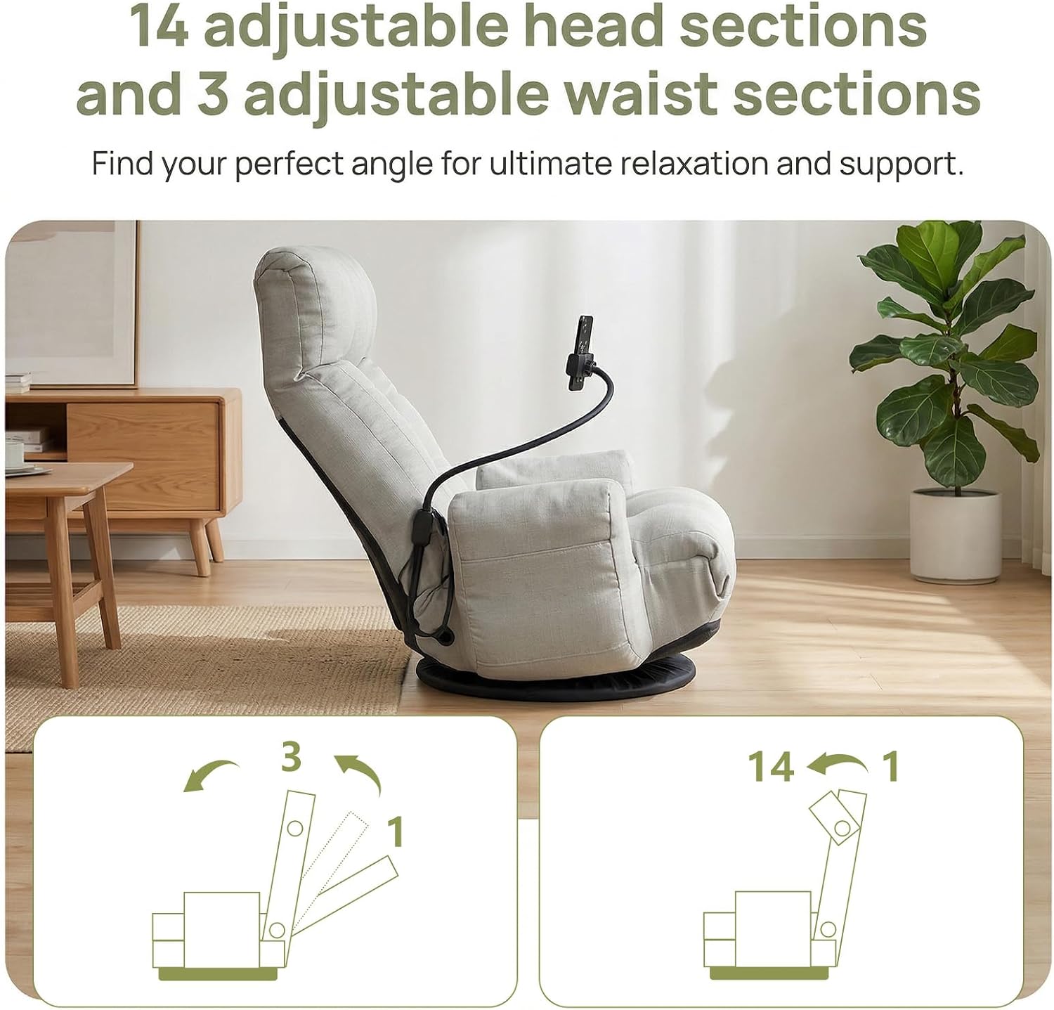 360° Swivel Floor Gaming Chair Linen Folding Chaise Lounge Chair Adjustable Cozy Sofa Chair with Armrests, Phone Holder & Padded Cushion, Ideal for Living Room, Bedroom (Grey)