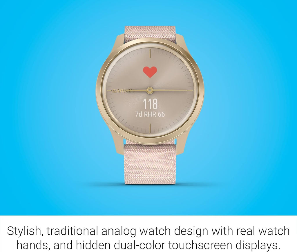 Garmin vivomove Style, Hybrid Smartwatch with Real Watch Hands and Hidden Color Touchscreen Displays, Gold with Pink Woven Nylon Band