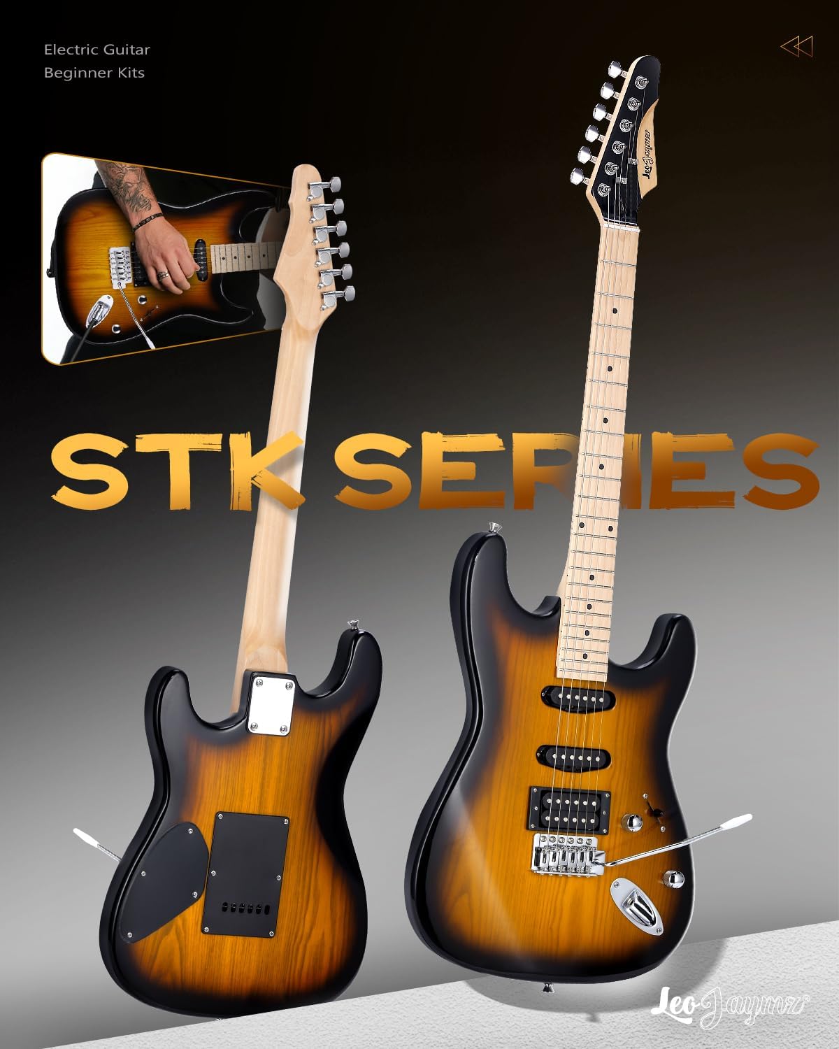 Leo Jaymz 39 Inch Full Size Electric Guitar Kit Electric Guitar Beginner Kits - Portable Amp, Digital Tuner, Gig Bag, Strap, Cable (Sunburst)