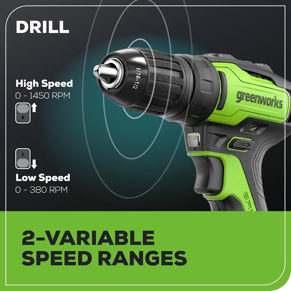 Greenworks 24V MAX Cordless Brushless Drill & Impact Driver Combo Kit, Electric Drill Set, High Torque, Lightweight, Professional Grade, Includes 2x 2.0Ah Batteries, Charger, and Storage Bag