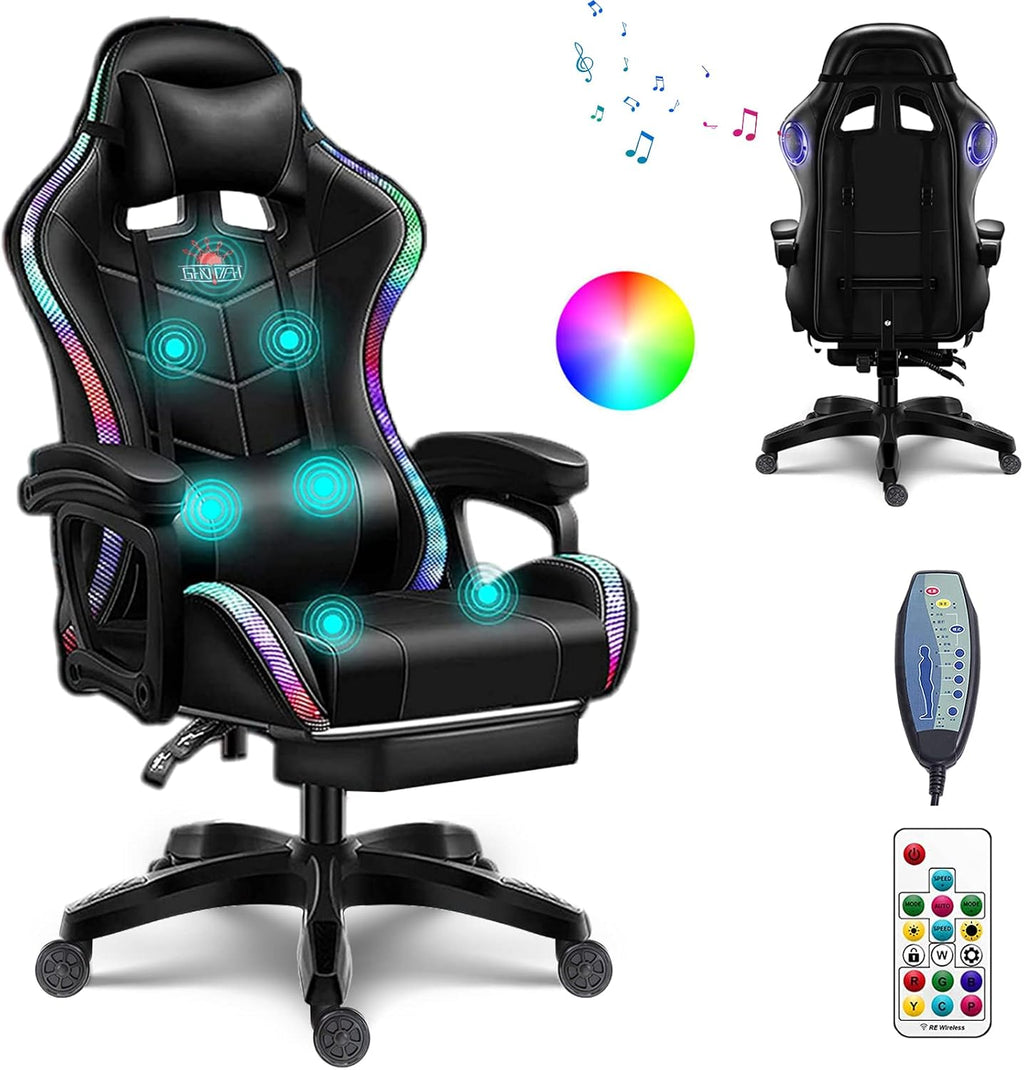 Ergonomic Pro Gaming Chair with Speakers RGB Video Game Chair with Footrest, High Back Massage Computer Chair with Lumbar Support and Headrest Adjustable Height, Gamer Chair for Adult Teens,Black