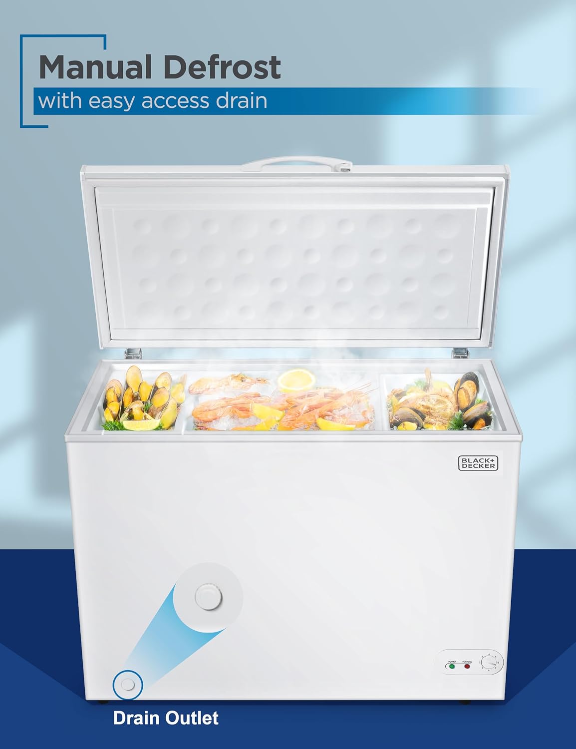BLACK+DECKER 8.9 Cu. Ft. Chest Freezer, Deep Freezer with Top Opening, Freezer Chest with Removable Storage Basket, Mechanical Temperature Control, Manual Defrost, R600a Refrigerant, BCF890E, White
