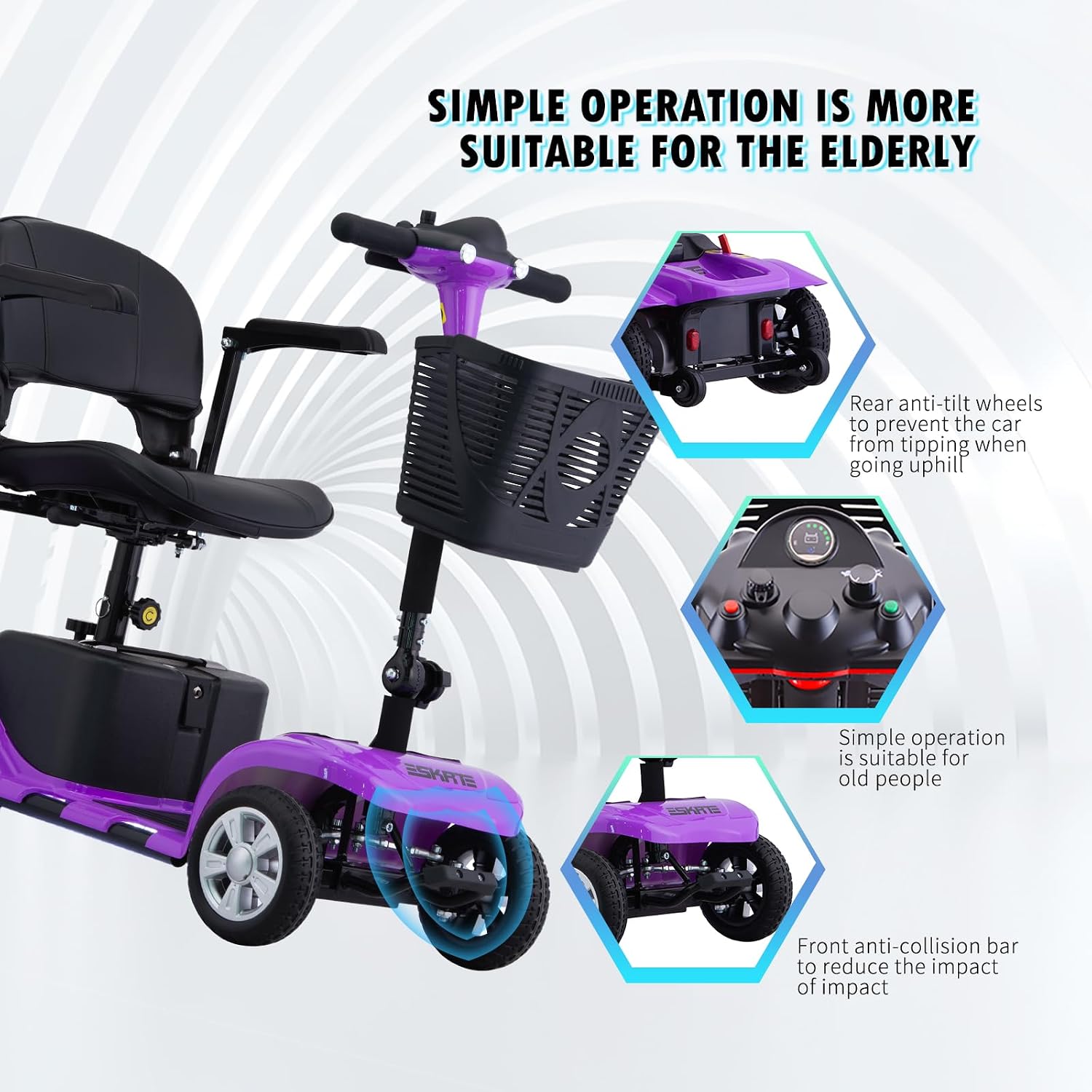 Mobility Scooter for Adults, Senior, 4 Wheels Electric Powered Chargeable Device for Travel, Lightweight Mobility Scooter with LED Headlights and Basket, Charger Included