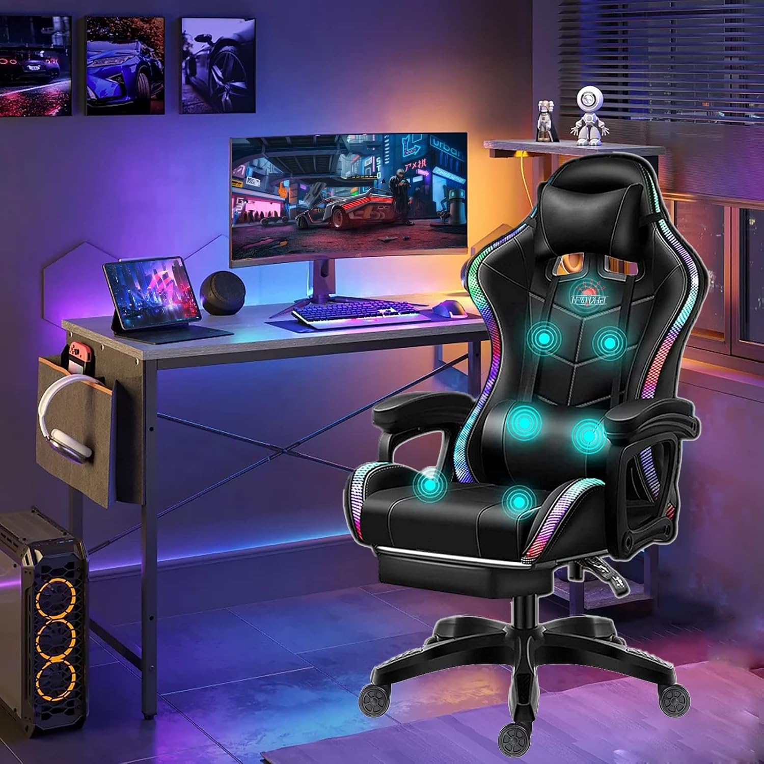 RGB Gaming Chair with Speakers Racing Ergonomic Gaming Chair for Adults Massage Computer Chair High Back Office Desk Chair Gamer Chair with Adjustable Lumbar Support and Armrest,Black