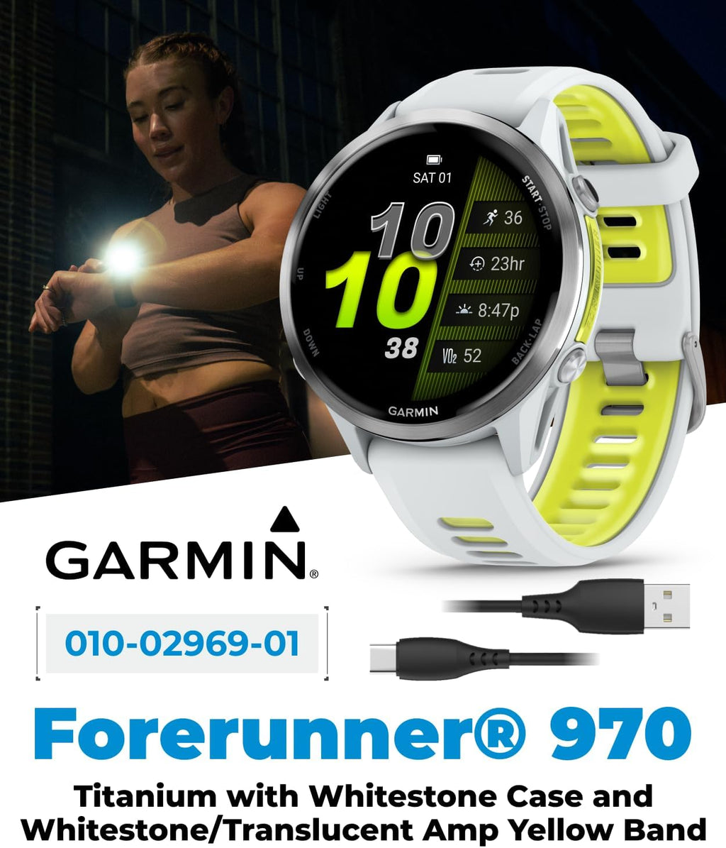 Wearable4U Garmin Forerunner 970 Titanium Smartwatch with Whitestone Case and Whitestone/Translucent Amp Yellow Band, AMOLED Display Black Earbuds Bundle