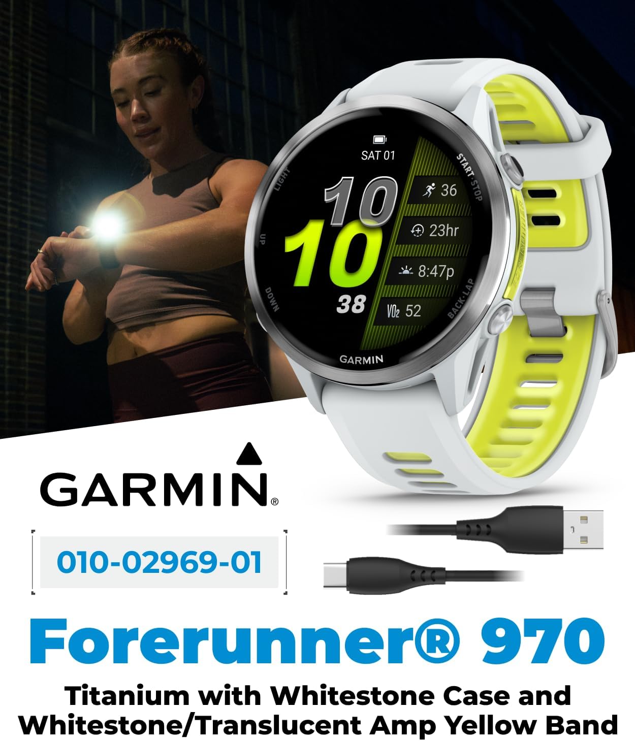 Wearable4U Garmin Forerunner 970 Titanium Smartwatch with Whitestone Case and Whitestone/Translucent Amp Yellow Band, AMOLED Display Black Earbuds Bundle