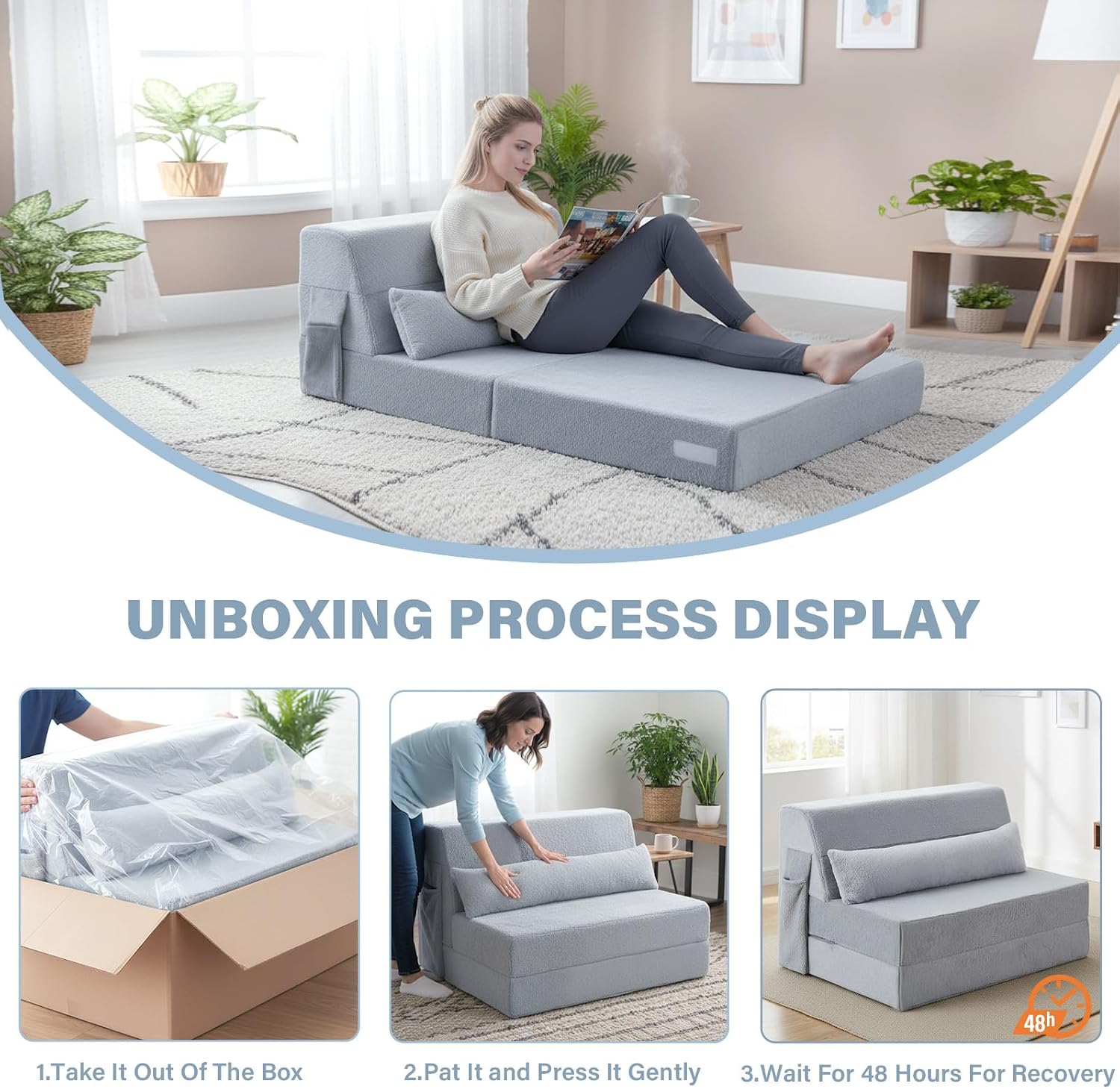 Tiita Convertible Folding Sofa Bed Twin Size for Adults with Pillow, Plush Fabric Floor Mattress Couch Bed, Washable Cover & Side Pocket, Guest Room, Dorm, Apartment, Living Room, White Gray