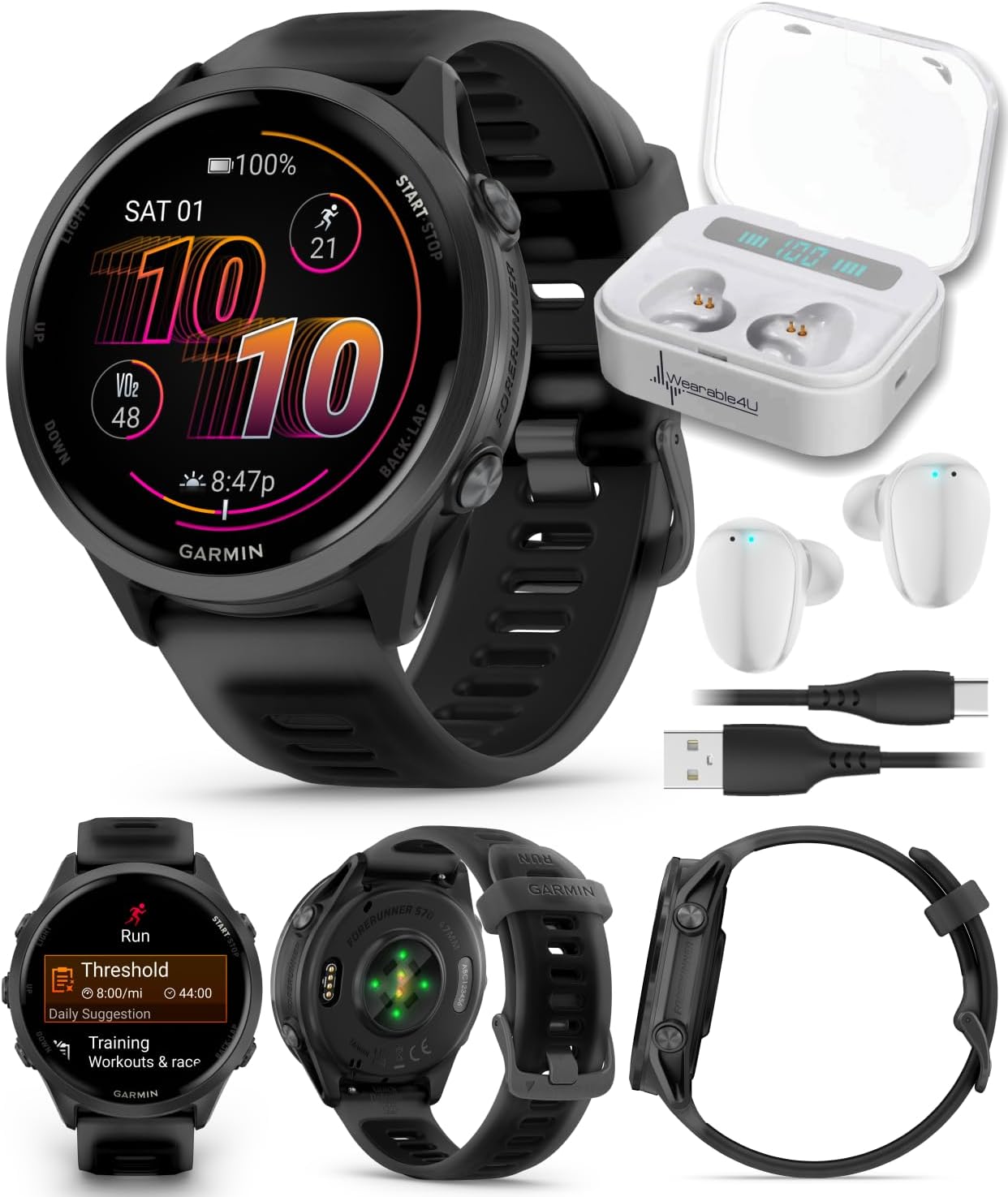Garmin Forerunner 570 47mm Advanced GPS Running & Triathlon Smartwatch, AMOLED Display, Training & Recovery, Slate Gray Aluminum w/Translucent Black/Black Band w/ Wearable4U White Earbuds Bundle