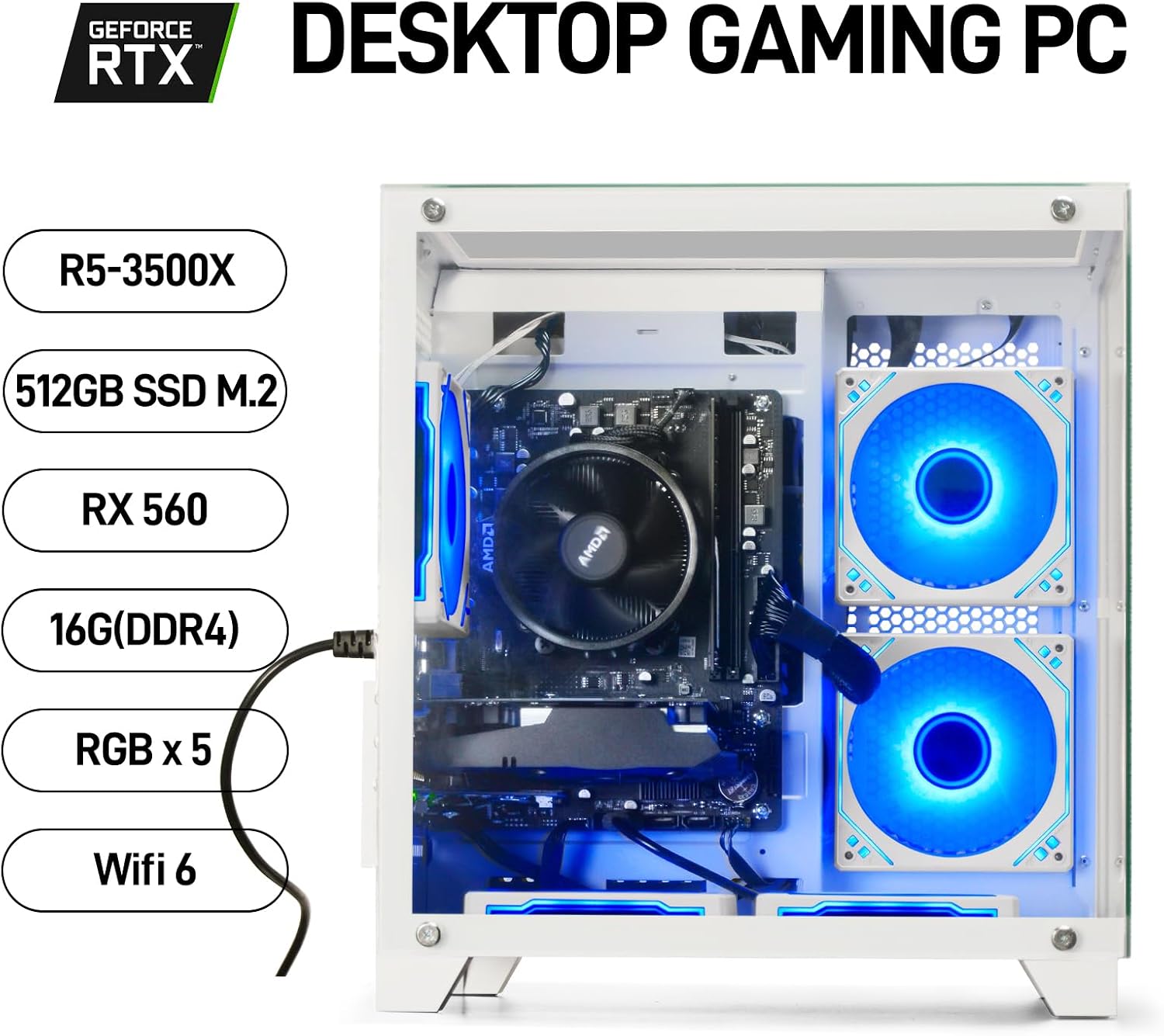 Prebuilt Gaming PC Desktop | Ryzen 5 6Cores 3.6G Up to 4.1G | RX 560 4G Graphics Card | 16G DDR4 RAM | 512G SSD | Wi-Fi 6 | Tower Computer White