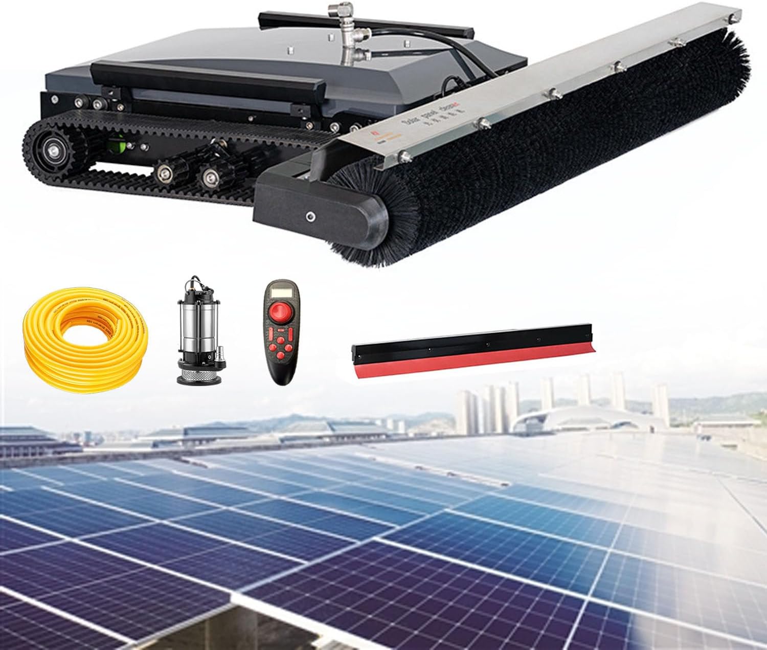 Solar Panel Cleaning Robot with Remote, Auto 90° Turn & Edge Detection, 20m/min, 130cm Brush, 4-5H Battery for 15° Slope Panels, Water Pump & 100m Hose Included