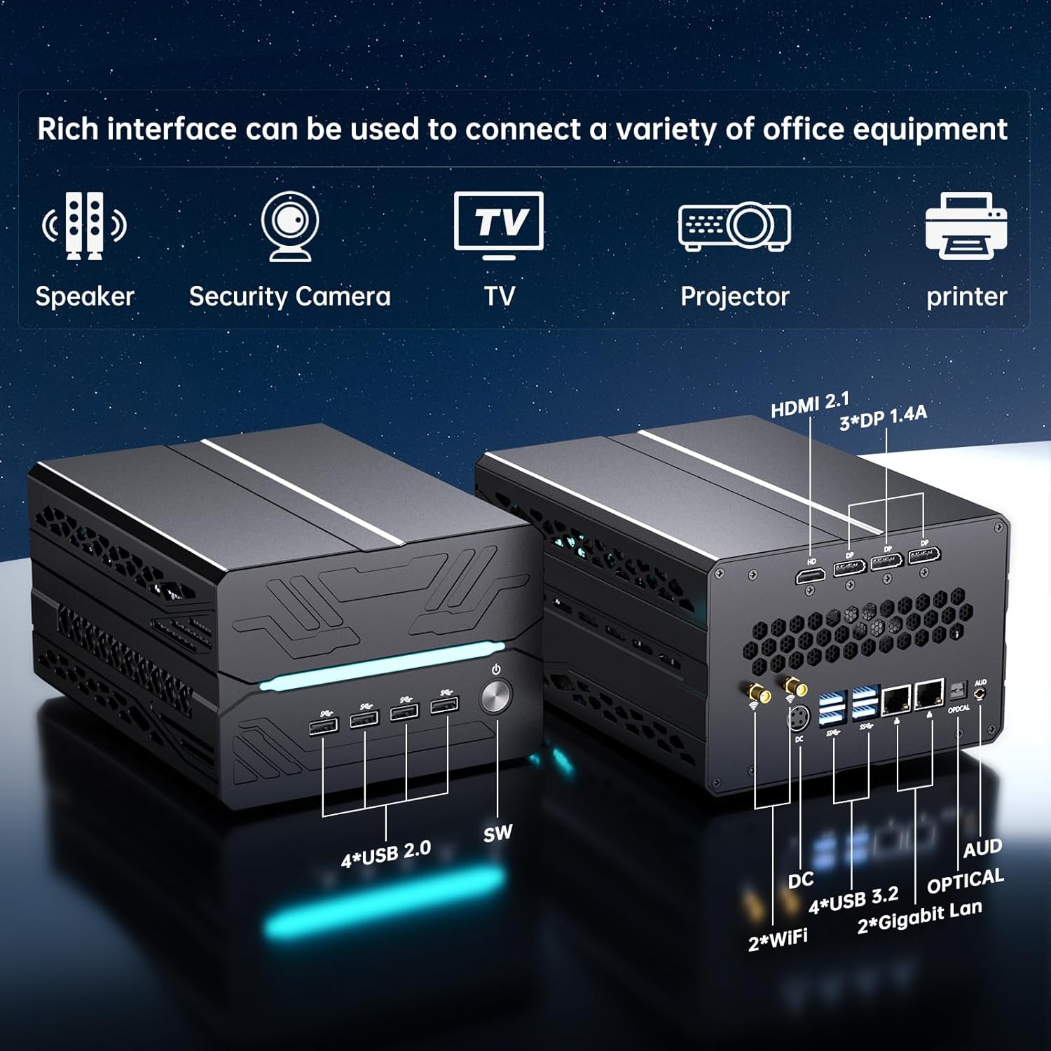 Mini Gaming PC, Desktop Computer i9-14900F 24 Cores Upto 5.8GHz, 64G DDR5, 1T M.2 PCIE4.0 SSD, Win-11 Pro, GeForce RTX5060Ti 16G, Four Display, 8K@60Hz Outputs, Dual LAN, WiFi7/BT5.4