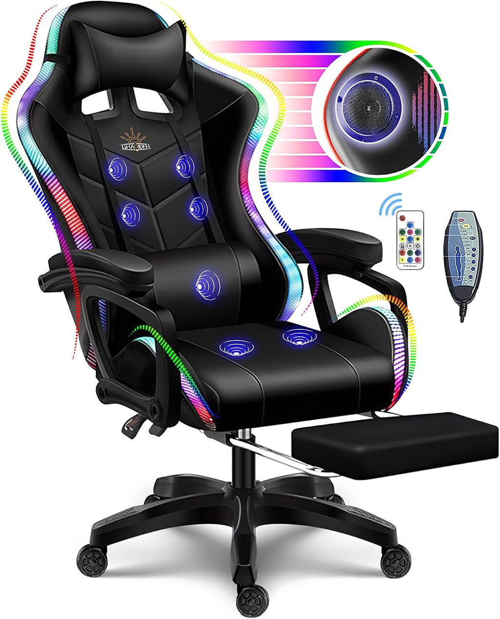 Gaming Chair Massage with Bluetooth Speakers and Led Lights Ergonomic Computer Gaming Chair with Footrest RGB Video Game Chair with High Back Lumbar Support,Black