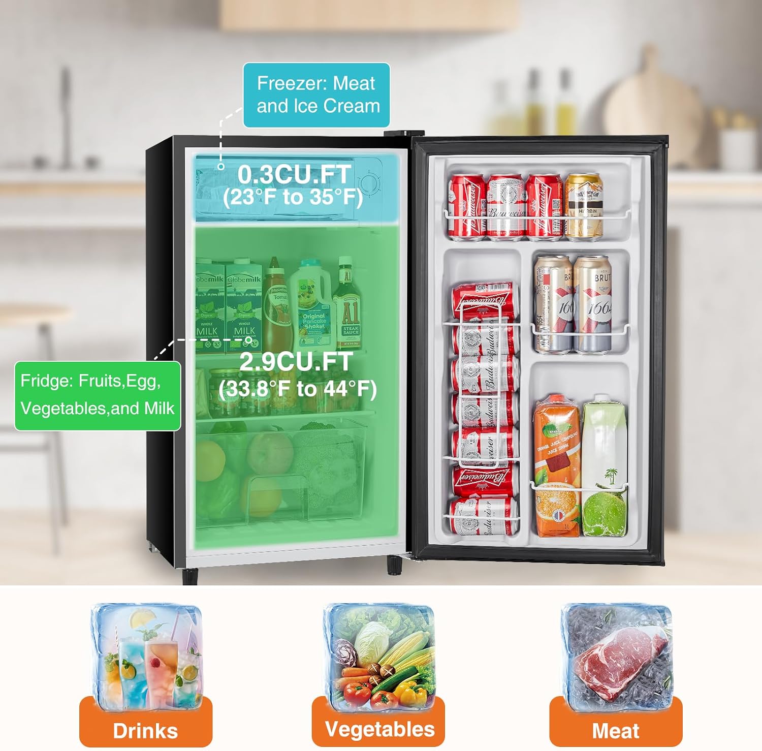 Sweetcrispy 3.2 Cu.Ft Mini Fridge with Freezer, 2 Door Small Refrigerator with Adjustable Thermostat Energy-efficient Low Noise, Compact Fridge for Bedroom, Office, Dorm, Black
