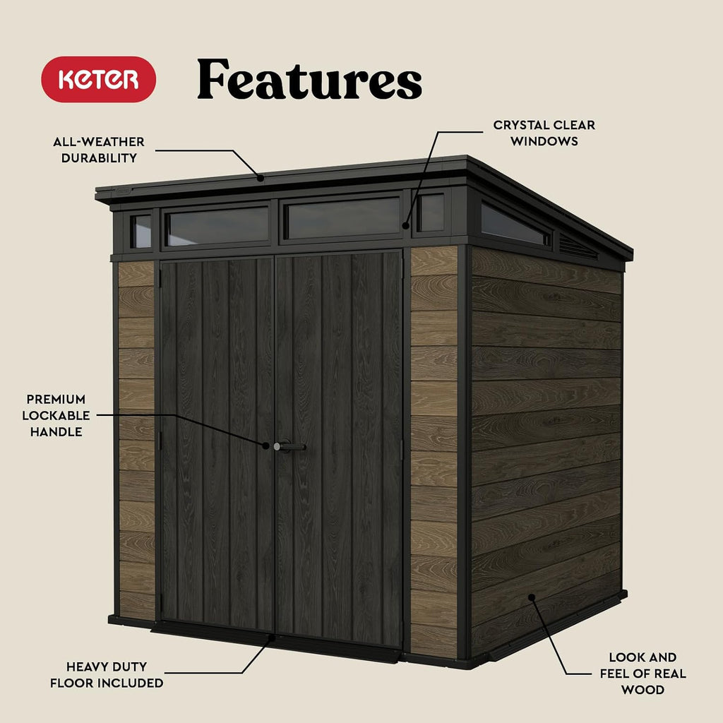 Keter Signature Collection 7x7 Ft All-Weather Storage Shed with Skylight, Window, Built-in Ventilation, & Lockable Double Doors, Walnut