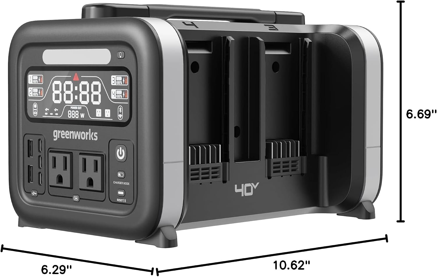 Greenworks 40V 500W Portable Power Station, 4-Slot Inverter, 2 AC Outlets, 5 USB Ports, Smart APP Control Power Generator, Outdoor Backup Power Supply (POWER 75+TOOLS, BATTERY SOLD SEPARATELY),Black