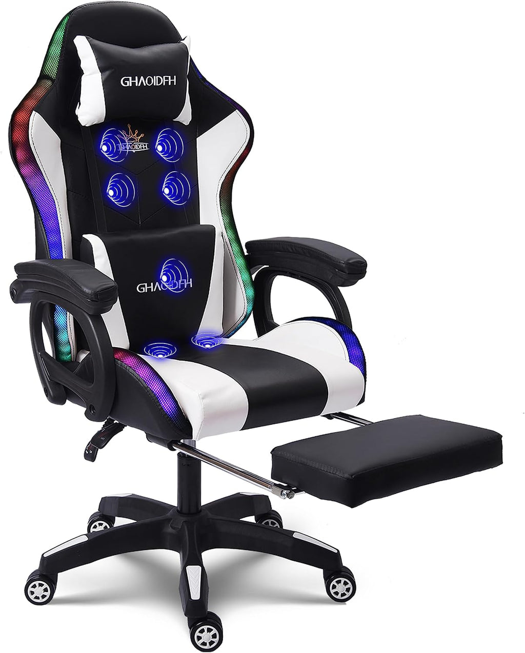 Video Gaming Chair with Speaker and RBG Light, Ergonomic Computer Chair with Massage Function, Comfortable Computer Recliner with Footrest and Lumbar Support,Gaming Chair for Adults Kids.,Whi
