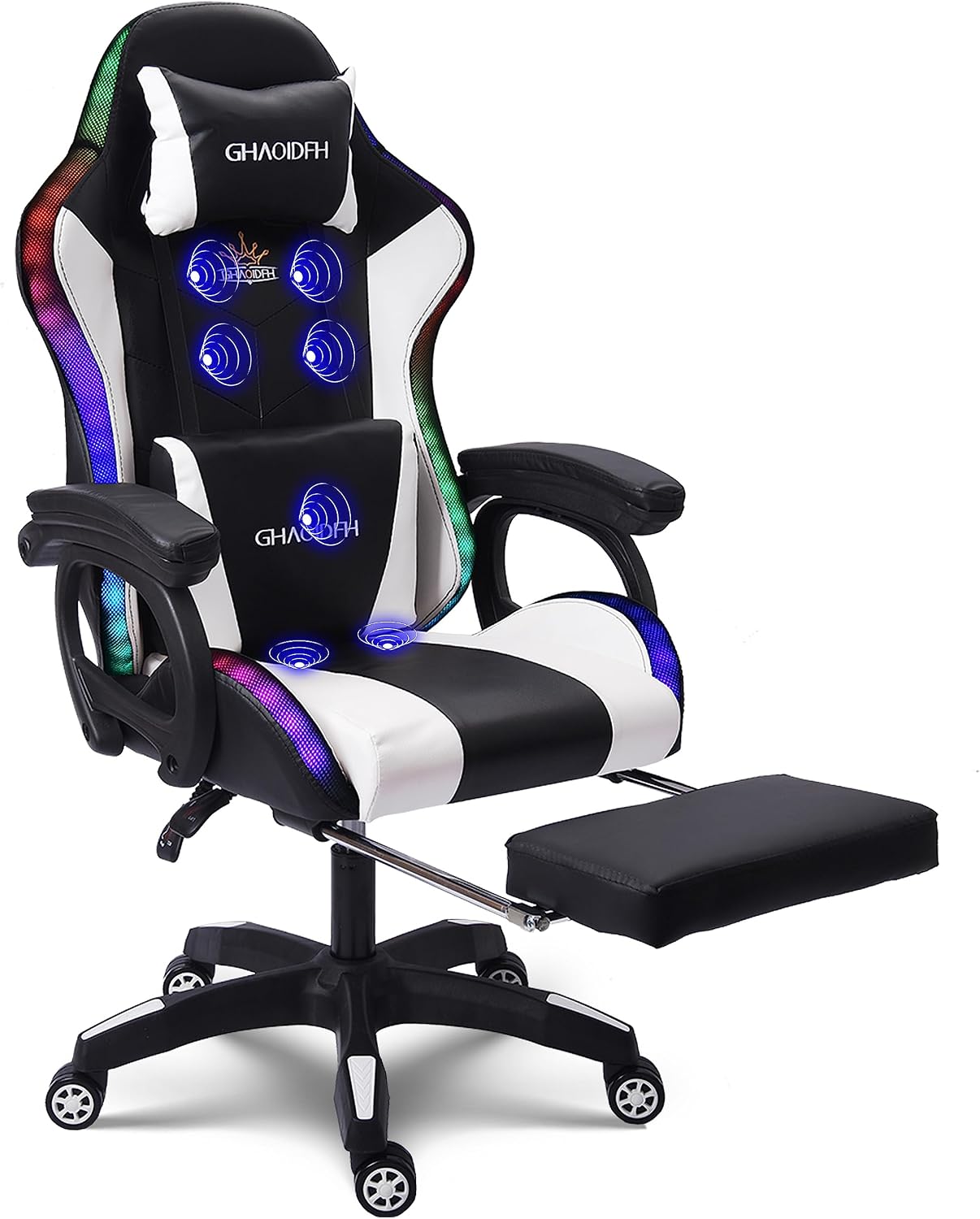 Video Gaming Chair with Speaker and RBG Light, Ergonomic Computer Chair with Massage Function, Comfortable Computer Recliner with Footrest and Lumbar Support,Gaming Chair for Adults Kids.,Whi