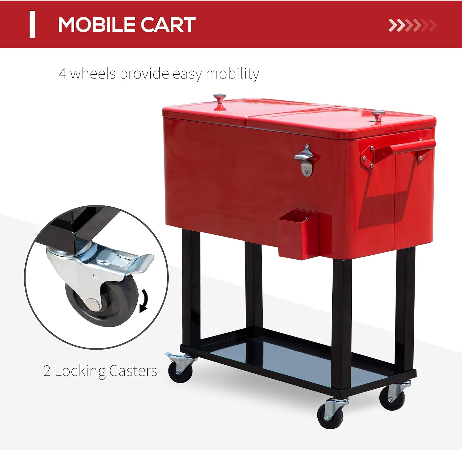Outsunny 80 QT Rolling Cooling Bins Ice Chest on Wheels Outdoor Stand Up Drink Cooler Cart for Party, Red