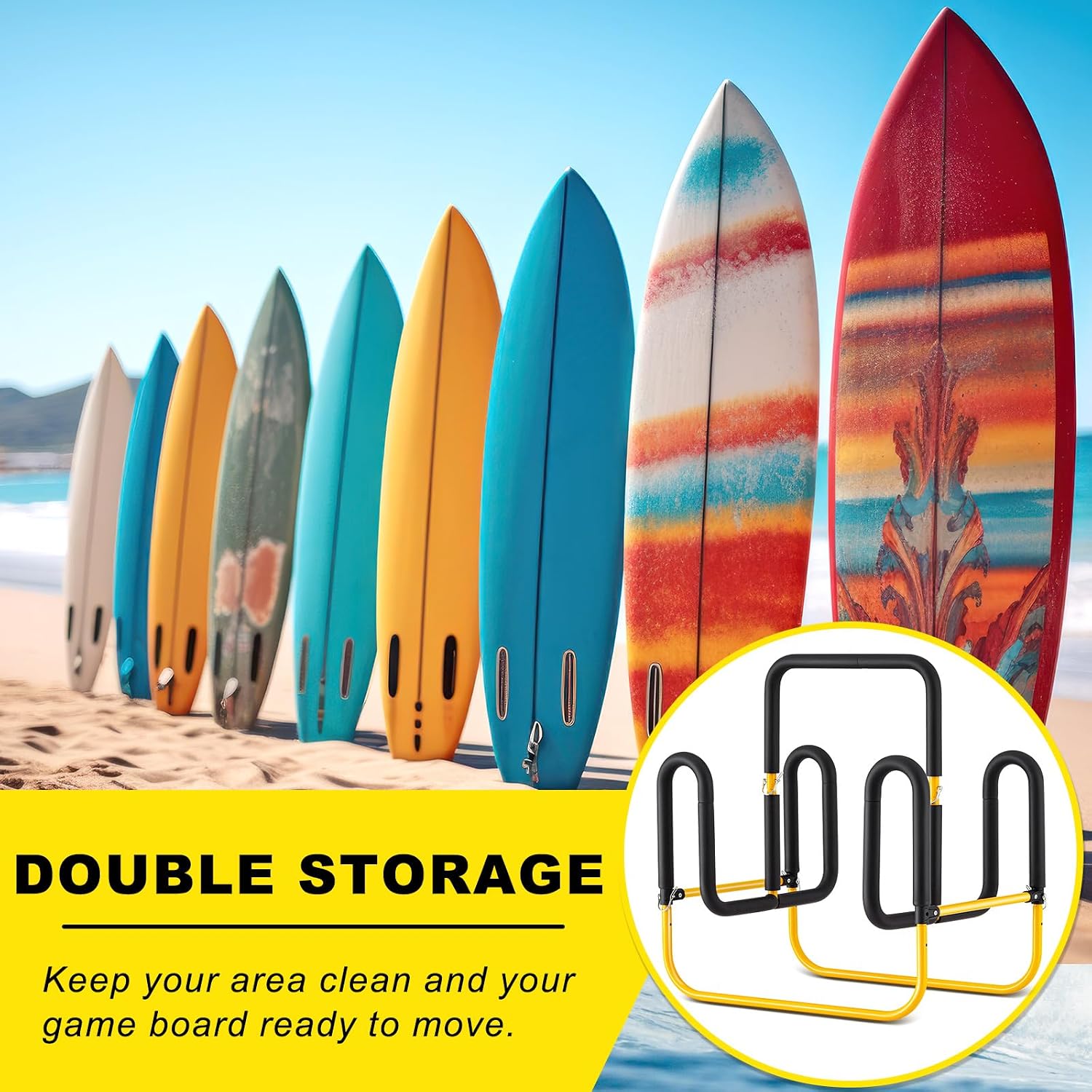 Gisafai Double Up Sup Stand, Holds 2 Standing up Paddle Boards, Freestanding Paddleboard Dock Storage Rack Heavy Duty Metal Surfboard Stand Paddle Board Holder for Floor Outdoor Garage, Yellow