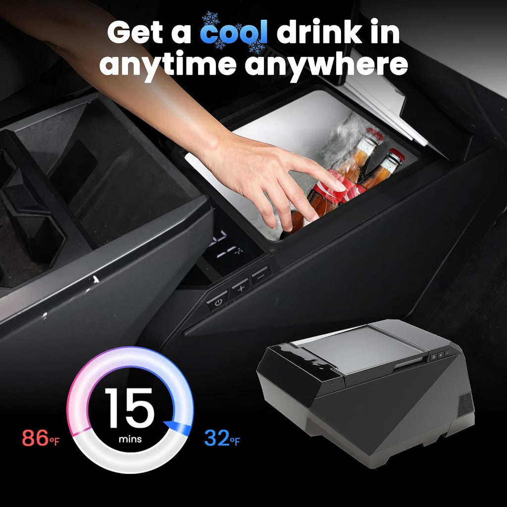 Cooler Refrigerator for Tesla Cybertruck, 18L Fridge Floor Center Console Freezer with Rapid Cooling (21°F~68°F) 110V/50W Cyber truck Accessories Compatible Power for Camping Road Trips