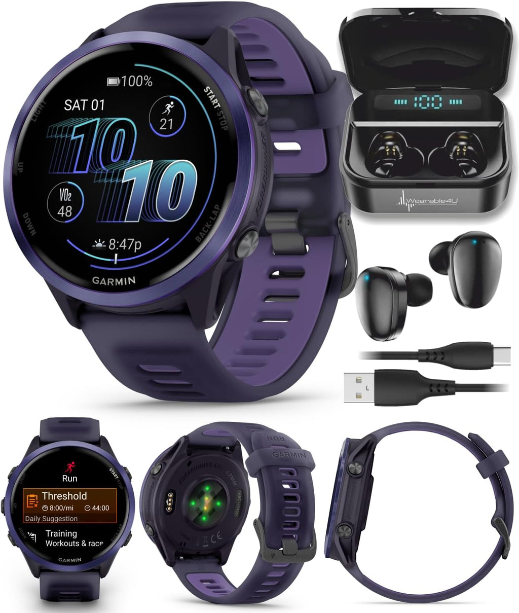 Garmin Forerunner 570 47mm Advanced GPS Running & Triathlon Smartwatch, AMOLED Display, Training & Recovery, Indigo Aluminum w/Translucent Imperial Purple/Indigo Band w/ Wearable4U BLK Earbuds Bundle