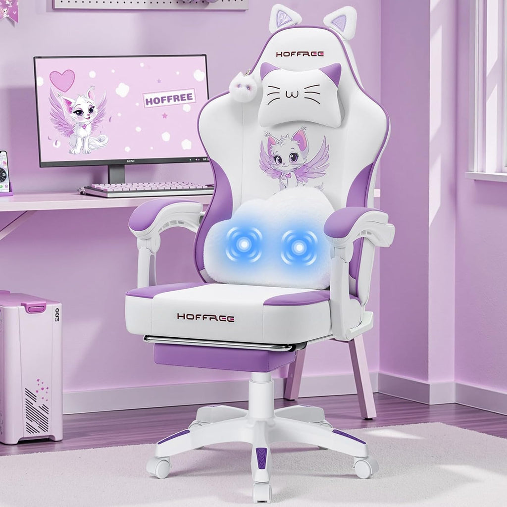 HOFFREE Gaming Chair with Cat Ears and Cloud Massage Lumbar Ergonomic Cute Computer Chair for Girls with Footrest Comfortable Reclining Game Chairs for Adults Purple and White