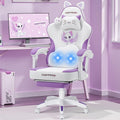 HOFFREE Gaming Chair with Cat Ears and Cloud Massage Lumbar Ergonomic Cute Computer Chair for Girls with Footrest Comfortable Reclining Game Chairs for Adults Purple and White