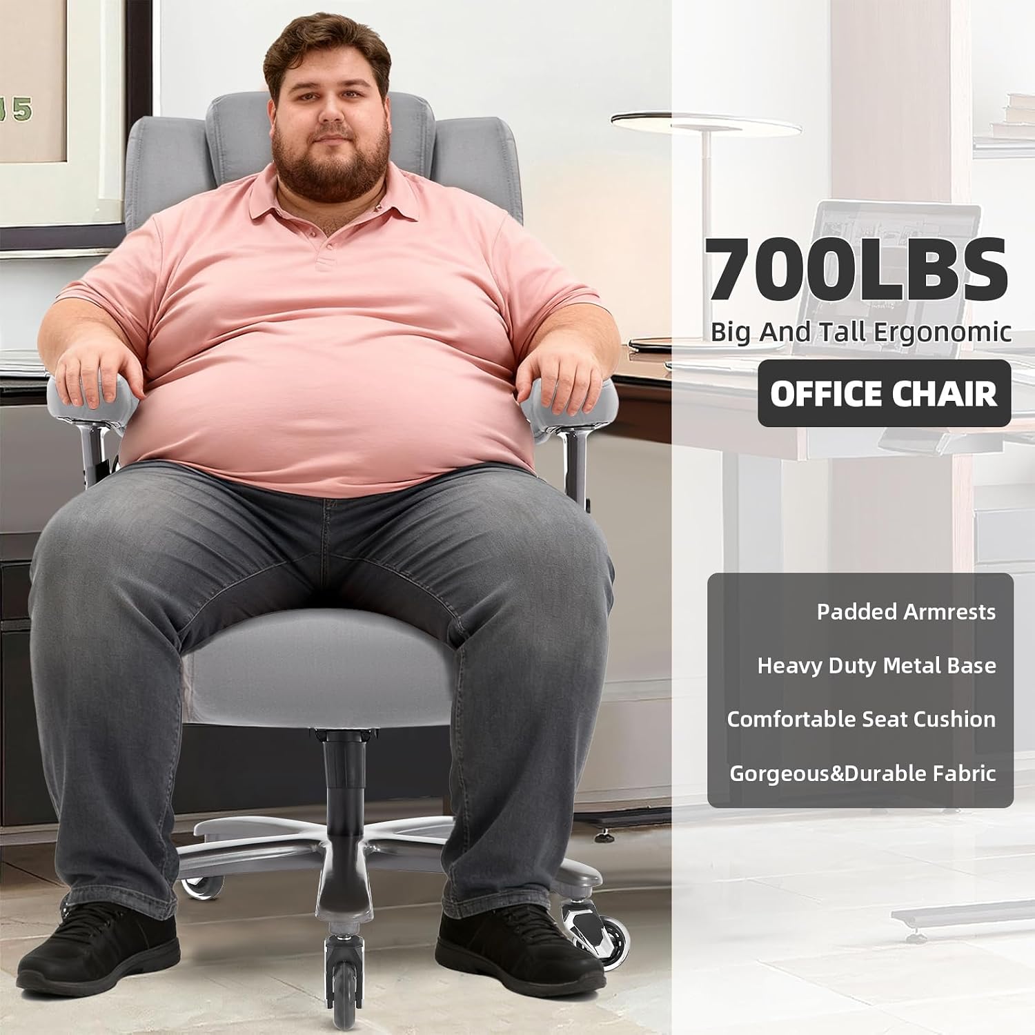 VUZI 700LBS Large Heavy Duty Office Chair with 3D Flip Arms, Big and Tall Plus Size Fabric Executive Desk Chairs, High Back Extra Wide Computer Chair with Adjustable Lumbar Support, Sturdy Metal Base