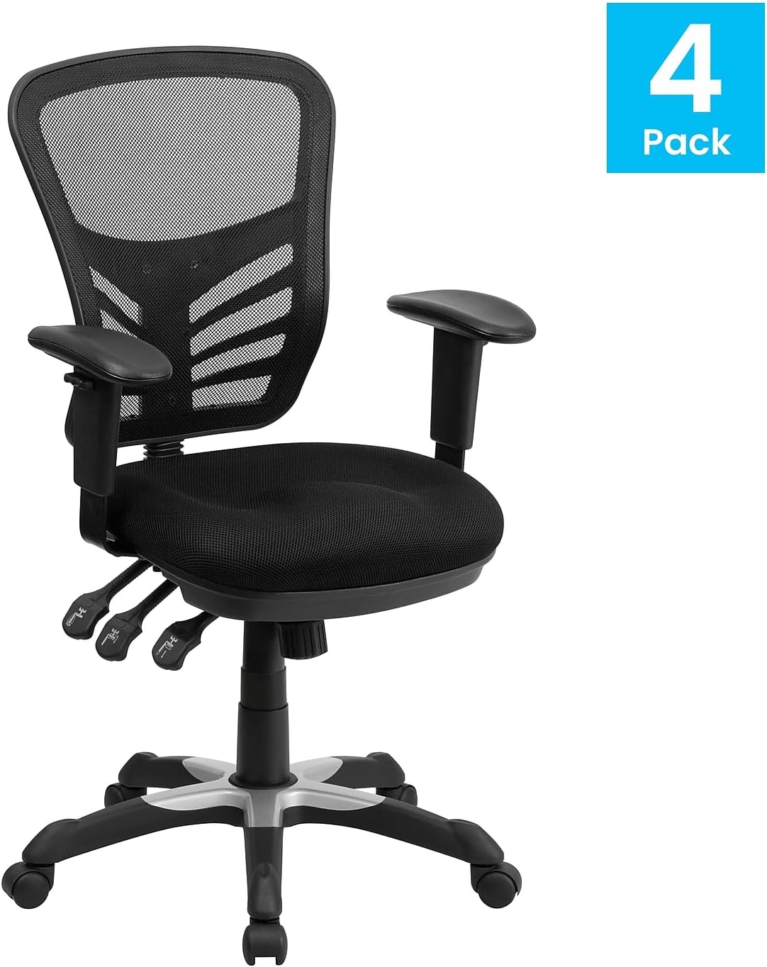 Flash Furniture Nicholas Mid-Back Black Mesh Multifunction Executive Swivel Ergonomic Office Chair with Adjustable Arms, Set of 4