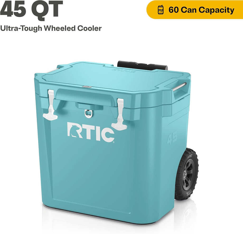RTIC 45 QT Wheeled Ultra-Tough Cooler Hard Insulated Portable Ice Chest Box for Beach, Drink, Beverage, Camping, Picnic, Fishing, Boat, Barbecue, Rotomolded Construction