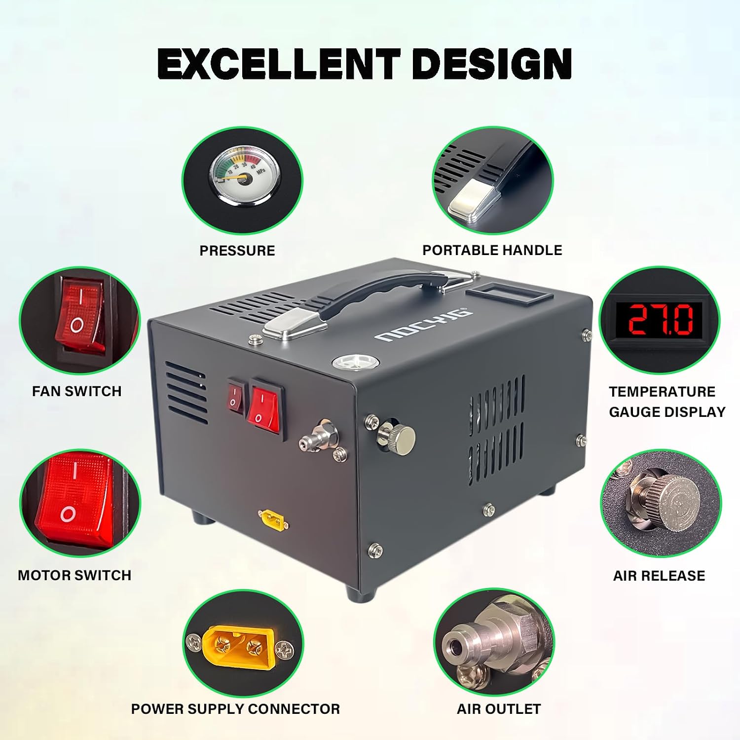 Pcp air compressor 4500PSI Portable Pcp Compressor 12V Dc/110V Ac Pcp Airgun Compressor Manual-stop w/External Power Adapter Built-in Fan Suitable for Paintball Air Rifle Scuba Bottle