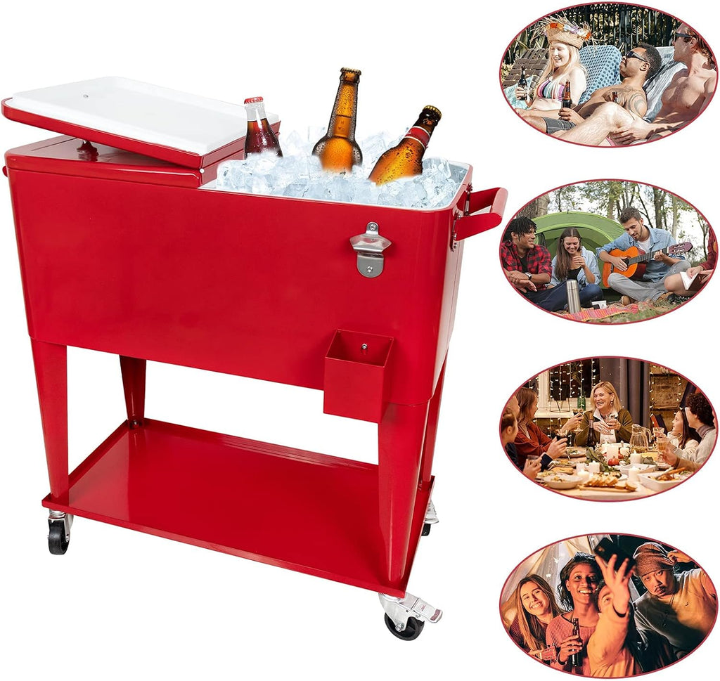 80 Quart Rolling Ice Chest Cooler Cart,for Outdoor Patio Deck Party Portable Party Bar Cold Drink Beverage Cart, Backyard Cooler Trolley on Wheels with Shelf, Bottle Opener