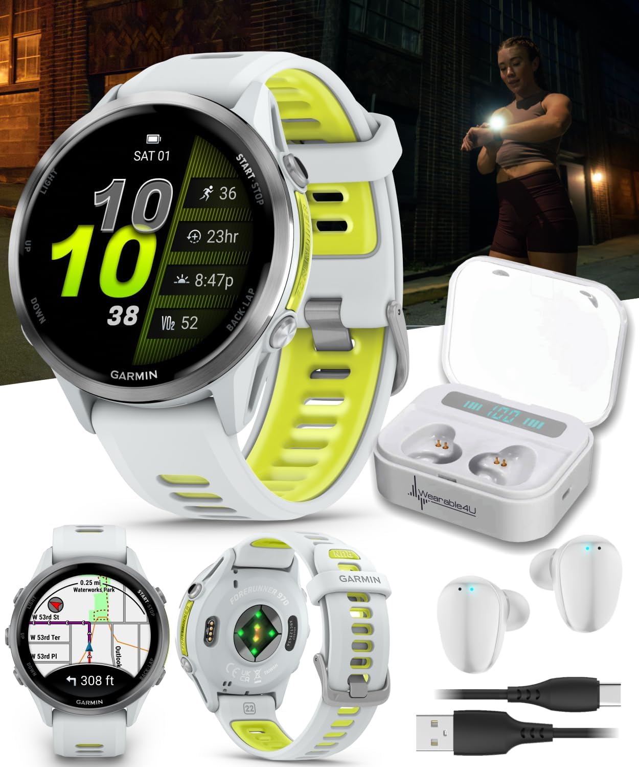 Garmin Forerunner 955, GPS Running Smartwatch, Tailored to Triathletes, Long-Lasting Battery, Whitestone with Wearable4U White Earbuds Bundle