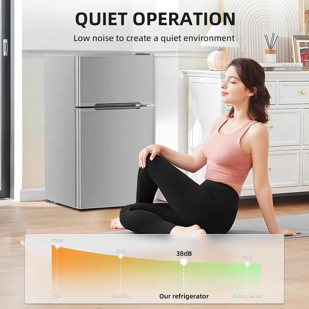 Antarctic Star Compact Refrigerator with Freezer,2 Door Mini Fridge,Adjustable Shelf,Adjustable Thermostat,for Bedroom,Office,Dorm,Kitchen,3.2 Cu.Ft.GREY