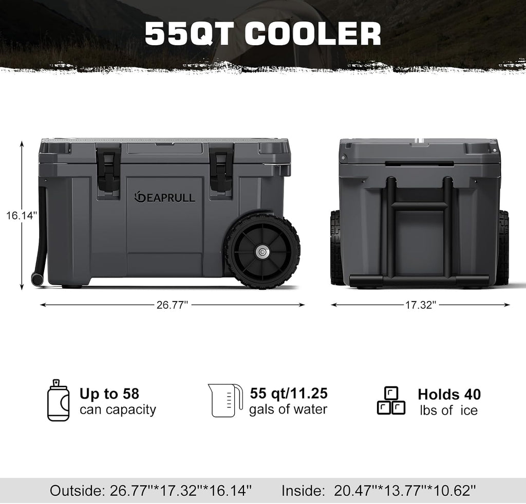 55 Quart Cooler with Wheels, Ice Chests Portable Camping Cooler Holds Ice up to 6 Days, Leak-Proof Outdoor Insulated Cooler with Handle, Cup Holders, Hard Cooler for Camping, Beach, Boat