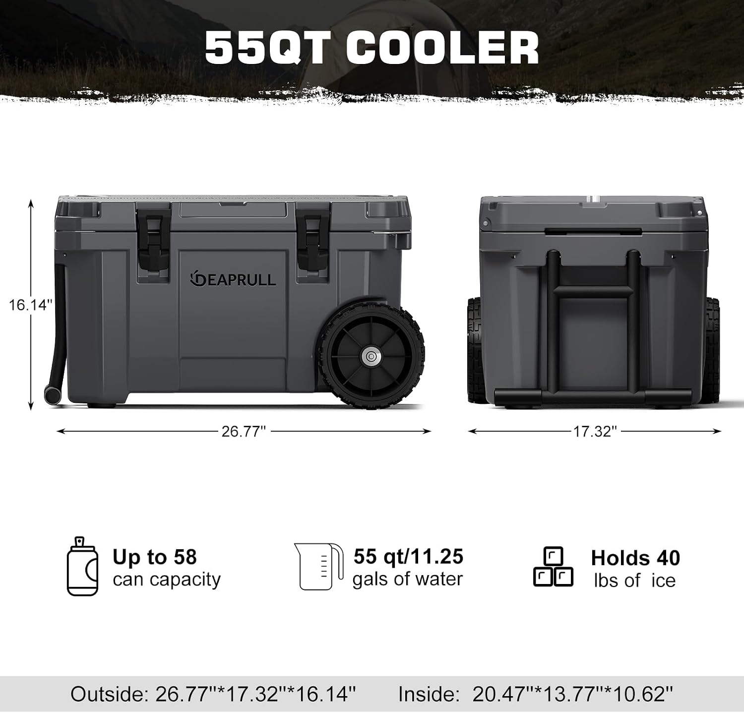 55 Quart Cooler with Wheels, Ice Chests Portable Camping Cooler Holds Ice up to 6 Days, Leak-Proof Outdoor Insulated Cooler with Handle, Cup Holders, Hard Cooler for Camping, Beach, Boat
