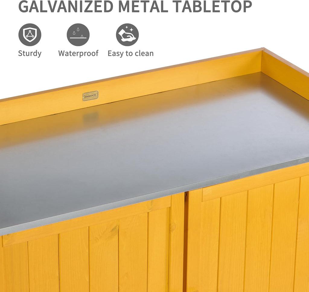 HABAU Outdoor Storage Cabinet with Potting Bench & Metal Tabletop, Wooden Planting Workstation for Garden Patio, Weatherproof