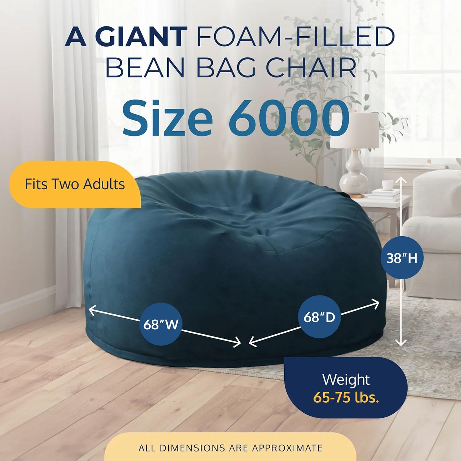Ultimate Sack 6000 6-Foot Bean Bag Chair, Cloud Suede Cover – Oversized Foam Lounger, Floor Seat, Small Sofa, or Couch Bed for Living Area, Gaming Room, or Reading Lounge