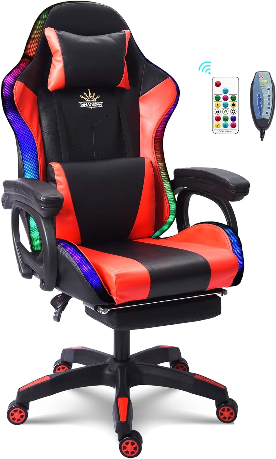 Ergonomic Massage Gaming Chair, Office Chair with Lumbar Support and Footrest, Video Gaming Chair with RGB Lights and Speakers, Adjustable Linkage Armrests and Backrest PC Chair.,Red