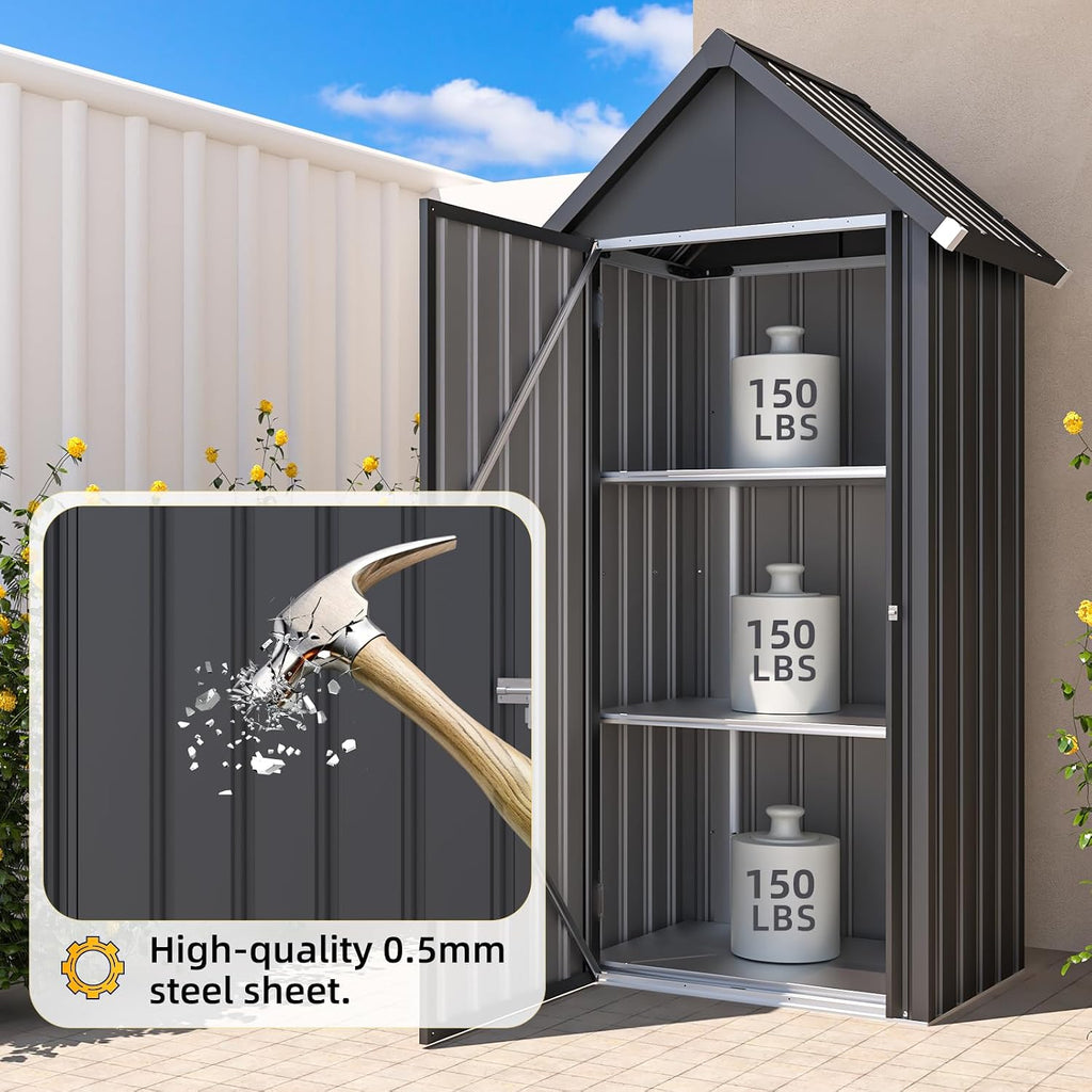 AECOJOY Outdoor Storage Cabinet Waterproof, Vertical Tall Outdoor Storage Cabinet with Shelves, All Weather Metal Vertical Storage Shed & Outdoor Cabient for Garden in Dark Grey
