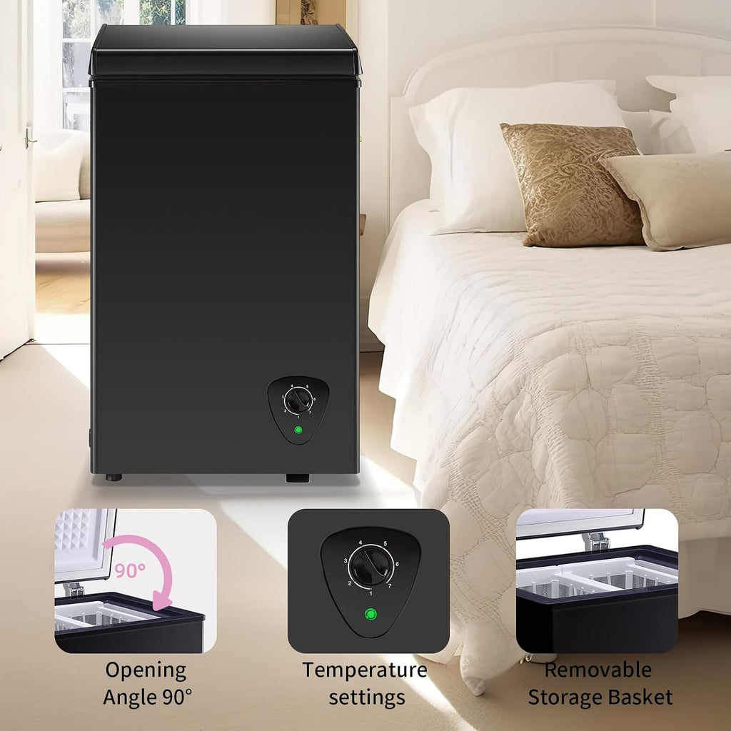 Chest Freezer Small Deep Freezer WANAI 2.2 Cu.Ft Mini Freezer Free-Standing Top Door Freezer Adjustable 7 Thermostat and Removable Basket Open Deep Freezer Apartment Kitchen, Black